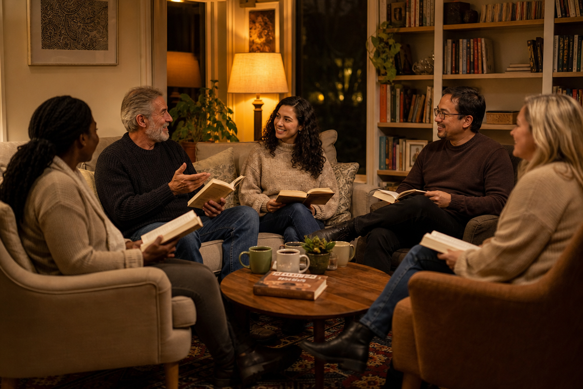 A diverse group of five adults engaged in animated book club conversation in a cozy living room with warm lighting, books, and mugs of tea on a side table