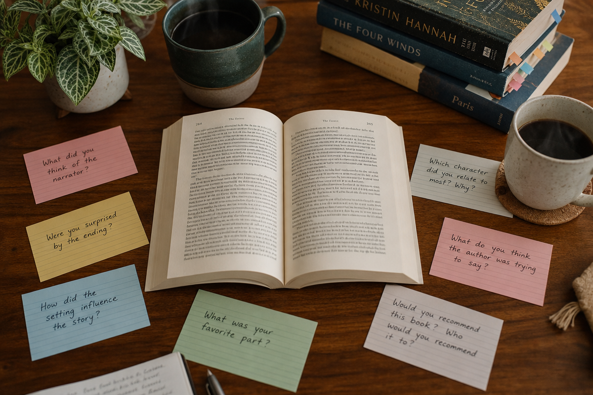 Overhead view of an open book surrounded by colorful handwritten conversation starter cards, coffee mugs, and a small potted plant on a table
