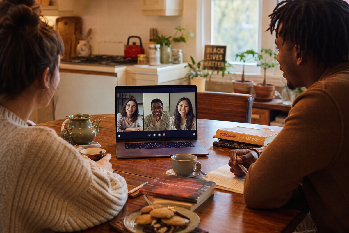A hybrid book club meeting with two people at a kitchen table with books and a laptop showing video call participants, warm kitchen lighting with plants on the windowsill