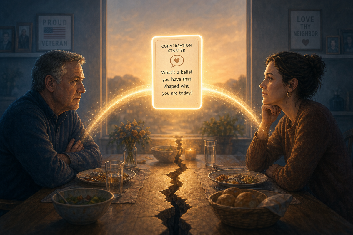 Conceptual illustration of two people at a dinner table divided by tension, with a glowing conversation card floating between them as a bridge of warm light symbolizing how conversation starters bridge political divides
