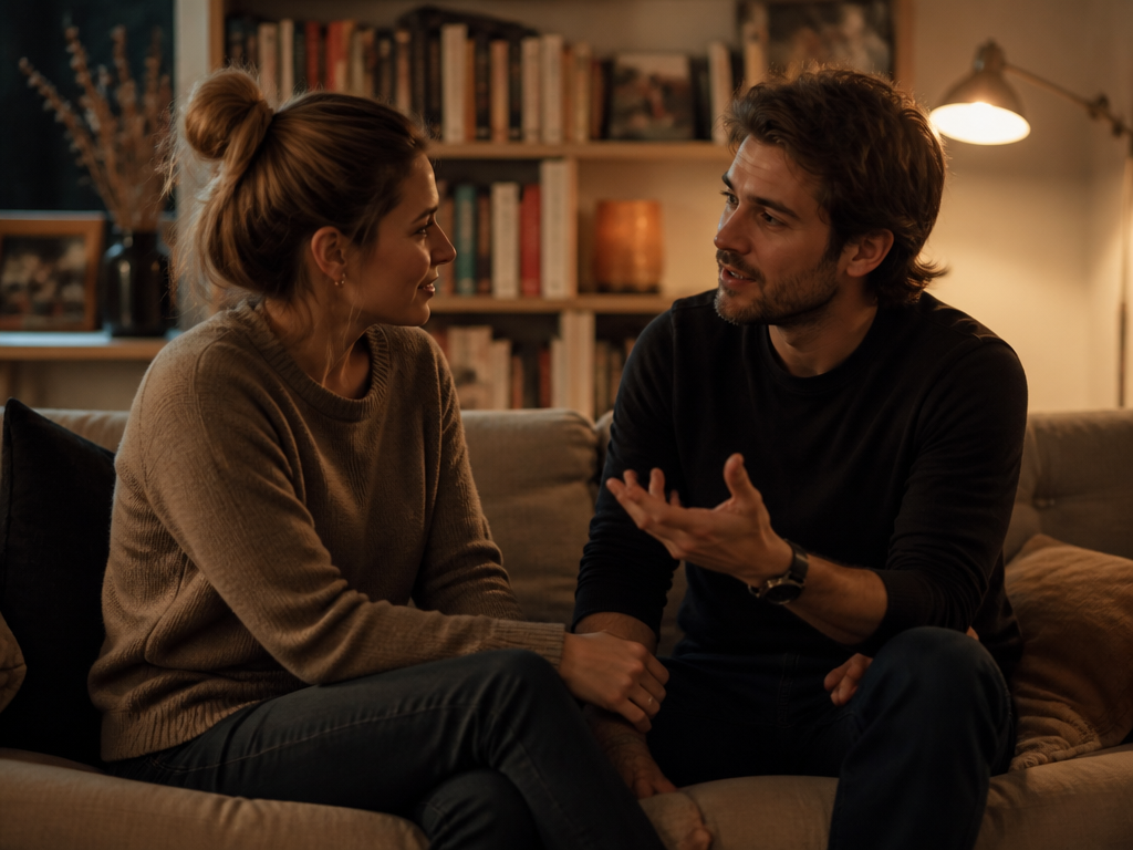 A couple having an intimate deep conversation on a cozy sofa in warm evening light, fully engaged with each other