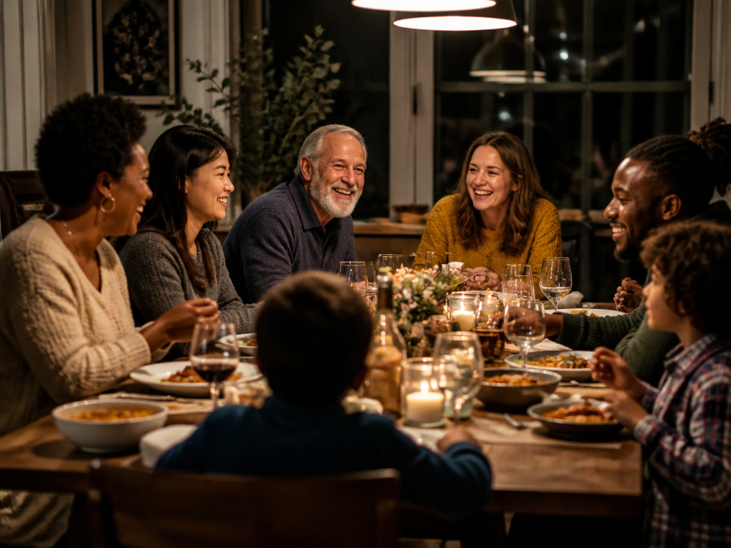 A diverse group of family and friends gathered around a dinner table sharing an animated, joyful conversation