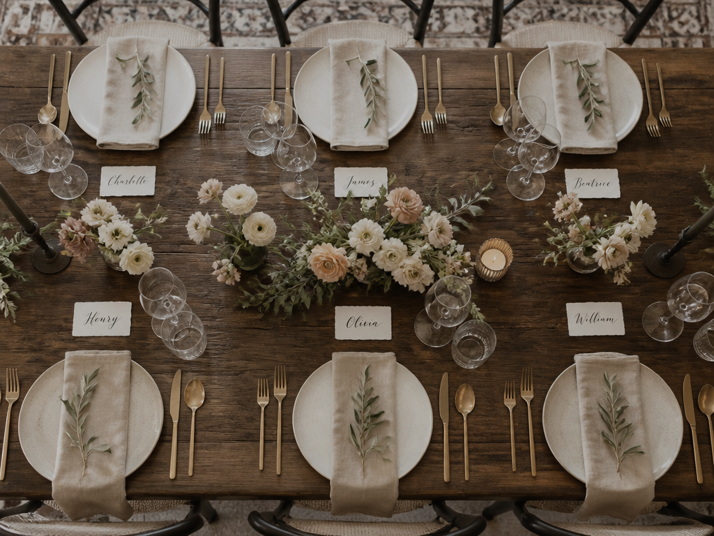 Top-down view of a dinner table with handwritten place cards showing strategic, intentional seating arrangement