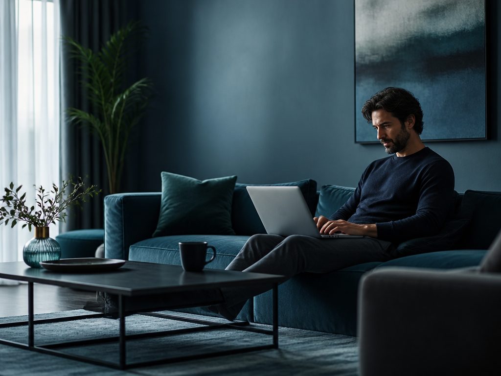 A lone professional sitting at a home office desk with a laptop, looking thoughtful and slightly isolated against a softly lit room.