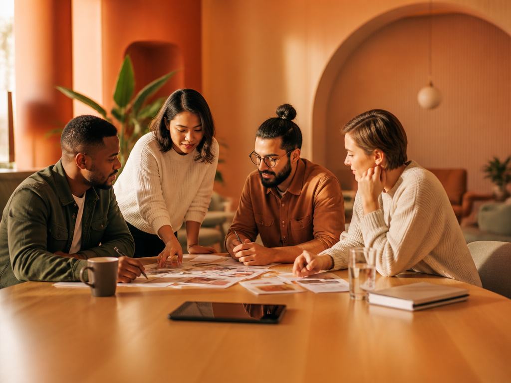 A diverse team engaged in a structured video conversation, smiling and actively listening to one another during a virtual meeting.