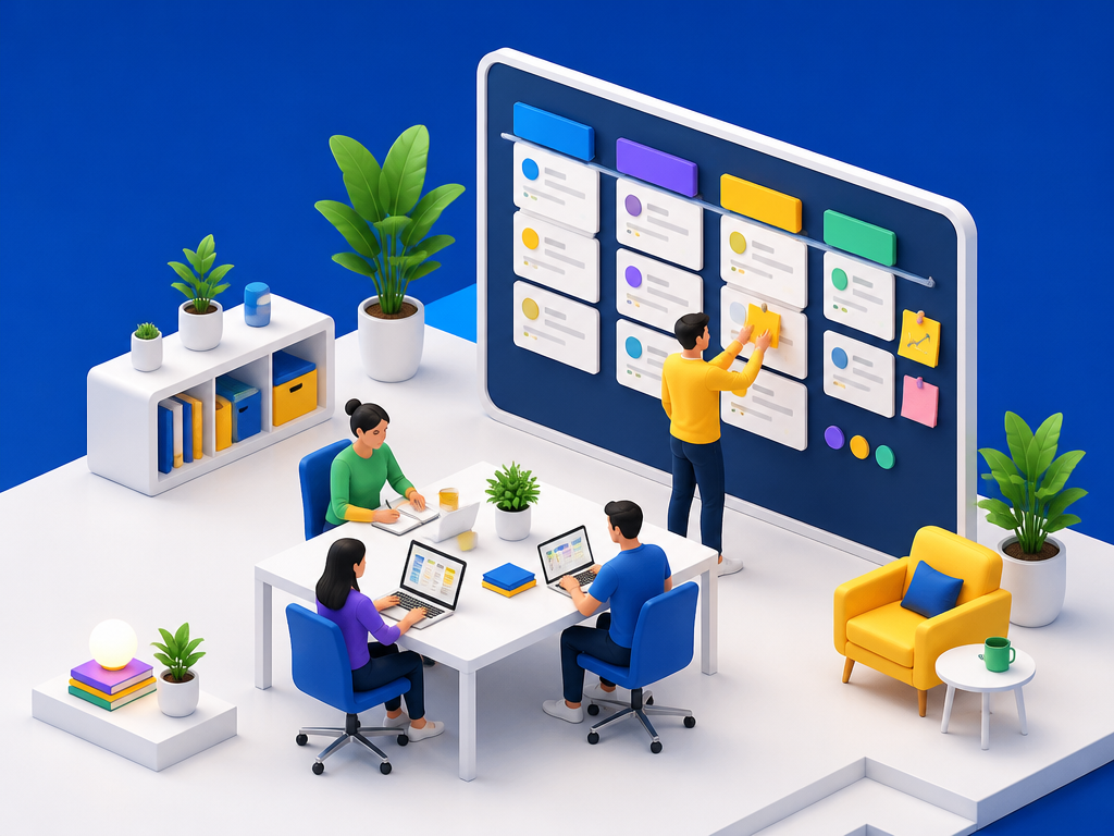 Isometric illustration showing a small remote team connected by chat bubbles and conversation prompt cards, symbolizing lightweight virtual team-building rituals.