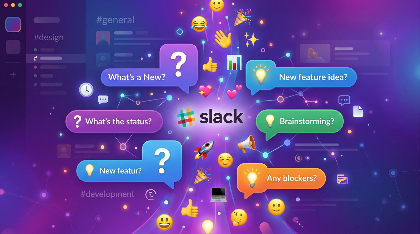 Abstract illustration of a messaging interface with floating conversation prompts, emojis, and chat bubbles in purple and blue tones representing digital team connection