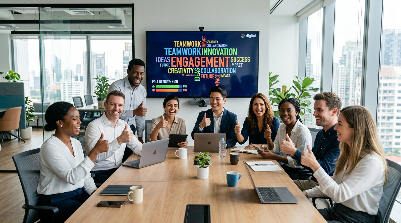 Professional team collaborating with digital engagement tools showing poll results and word cloud on screen, with colleagues giving thumbs up in a bright modern office