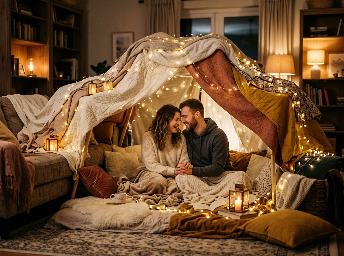 Romantic indoor blanket fort with fairy lights, cozy blankets and pillows, creating a magical intimate space for a couple