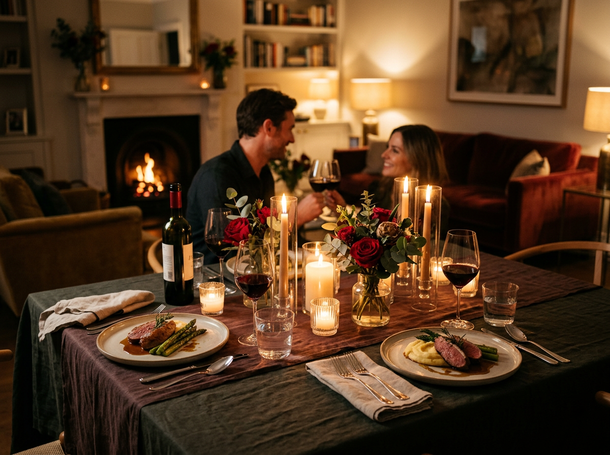 Elegant at-home romantic dinner setup for two with candles, fresh flowers, wine glasses, and a beautifully plated meal on a dressed table