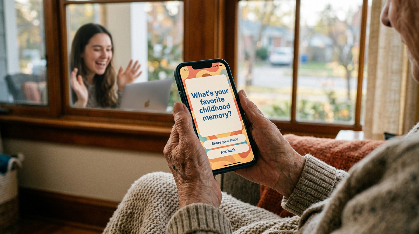Weathered elderly hands holding a smartphone displaying a conversation starter app with the question 'What's your favorite childhood memory?' representing digital tools that bridge generational divides