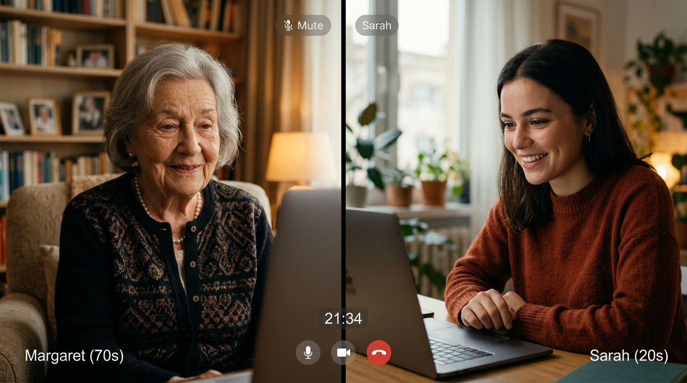 A split-screen composition showing an elderly person sharing wisdom on the left and a young adult listening intently on the right, connected by subtle digital interface elements, capturing the profound connection of intergenerational dialogue