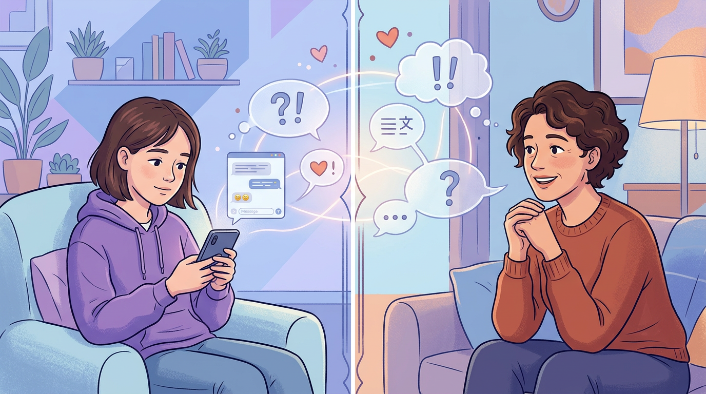 Split-view illustration showing a teenager with a phone and a parent in a caring pose, with conversation bridges between them representing how technology can connect generations.