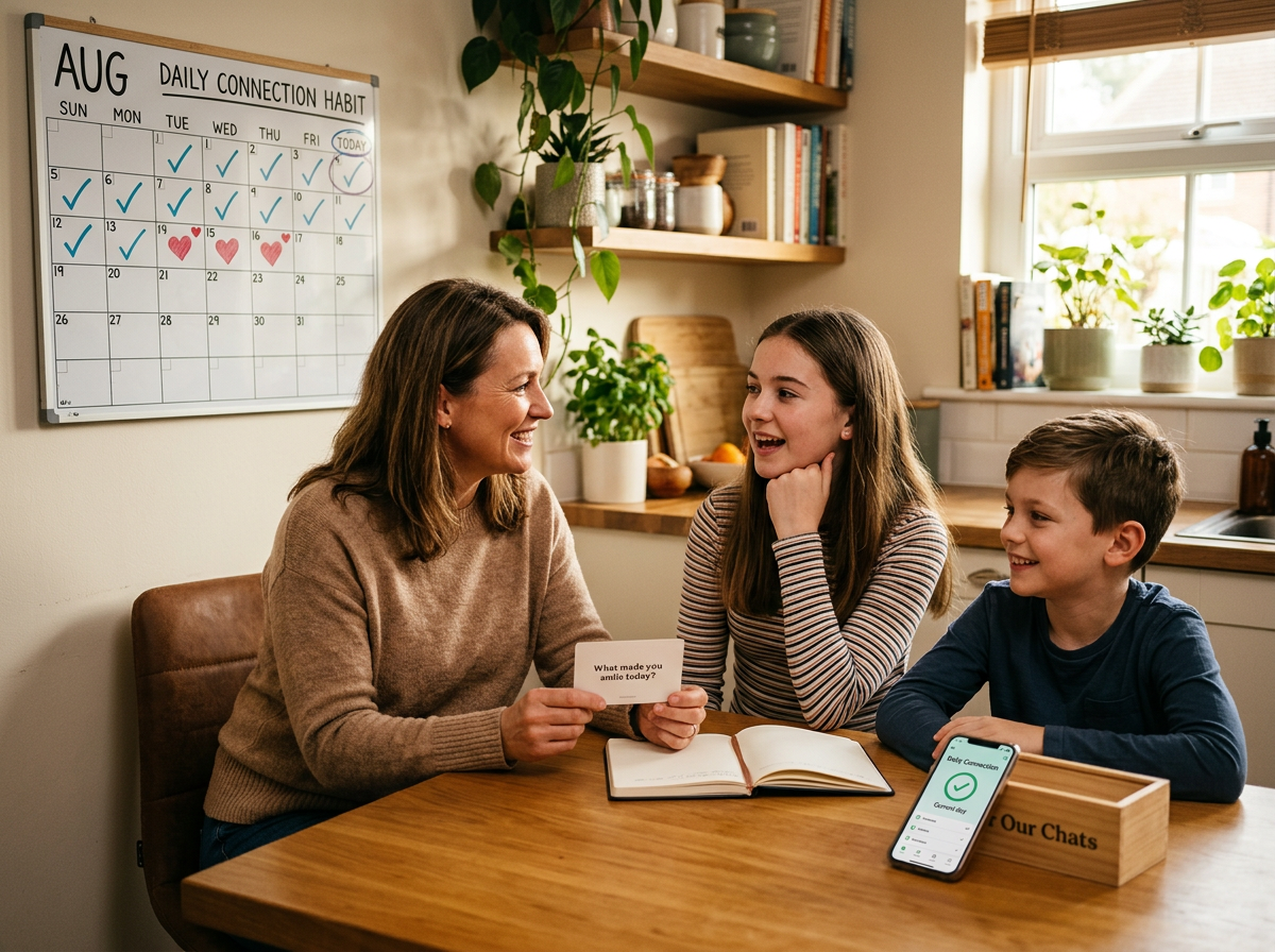 A parent and teen having a meaningful conversation in a comfortable living space, with visual elements suggesting daily habit formation and trust-building through regular dialogue.