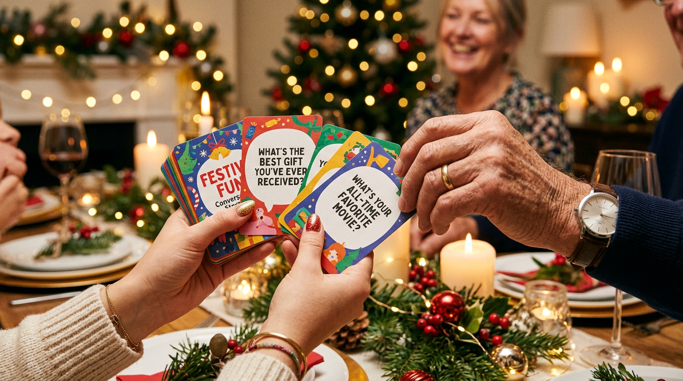 Close-up of hands from different generations reaching for colorful conversation starter cards on a holiday table with warm lighting and blurred decorations