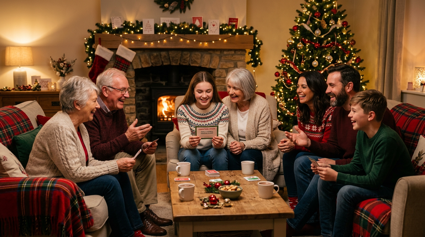 Three generations of family relaxing in a cozy living room with Christmas tree and fireplace, playing conversation games together