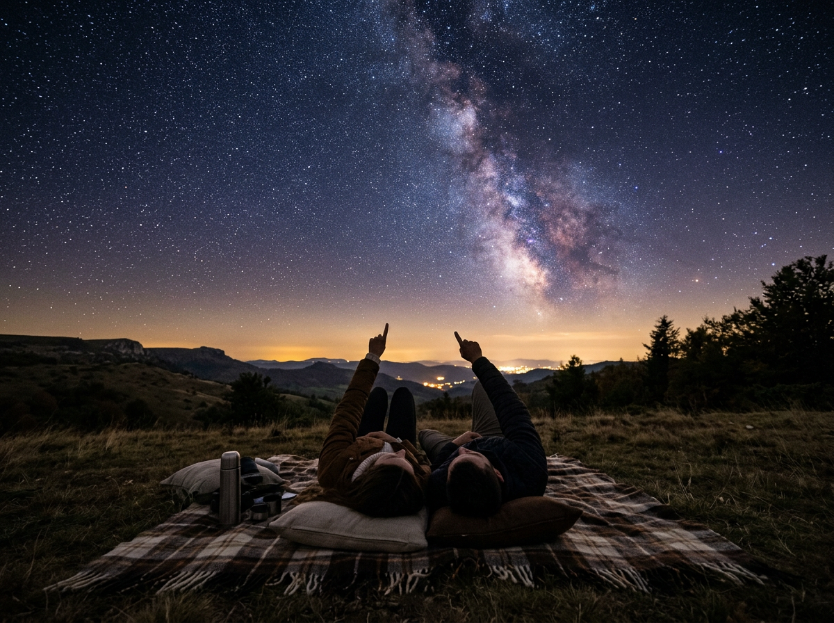 Couple lying on a blanket under a brilliant starry night sky, silhouetted against the cosmos while stargazing together