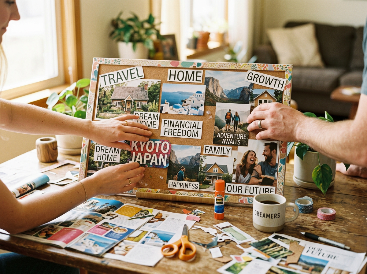 Close-up of a couple's hands creating a DIY vision board together with colorful magazine cutouts, glue, and inspiring images spread on a table