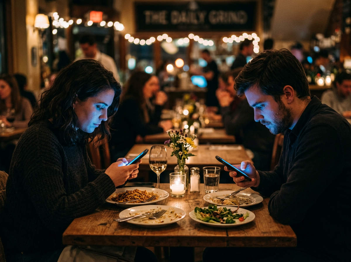 A couple sitting across from each other at a restaurant dinner, both absorbed in their smartphones with blue screen light illuminating their faces, disconnected from each other despite physical proximity