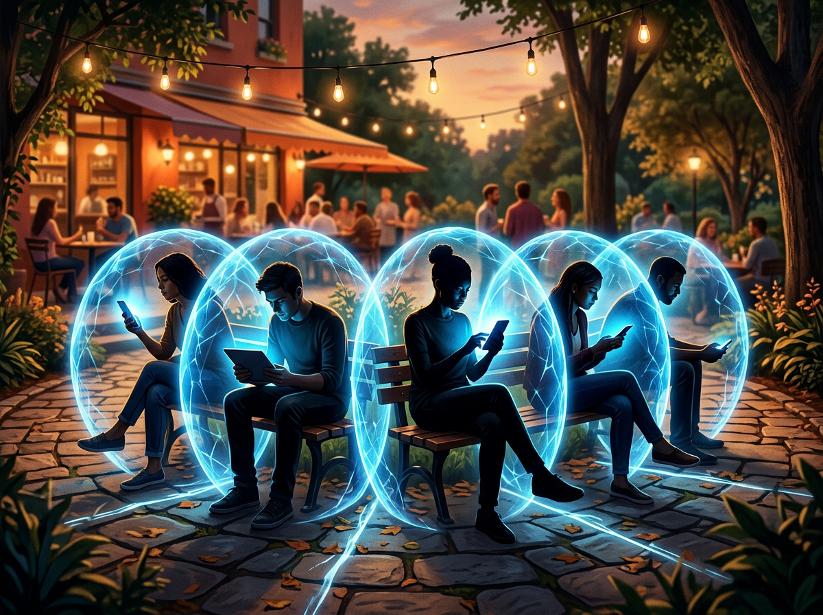 Multiple people in a social setting, each isolated within their own glowing digital device bubble, physically close but emotionally disconnected from those around them