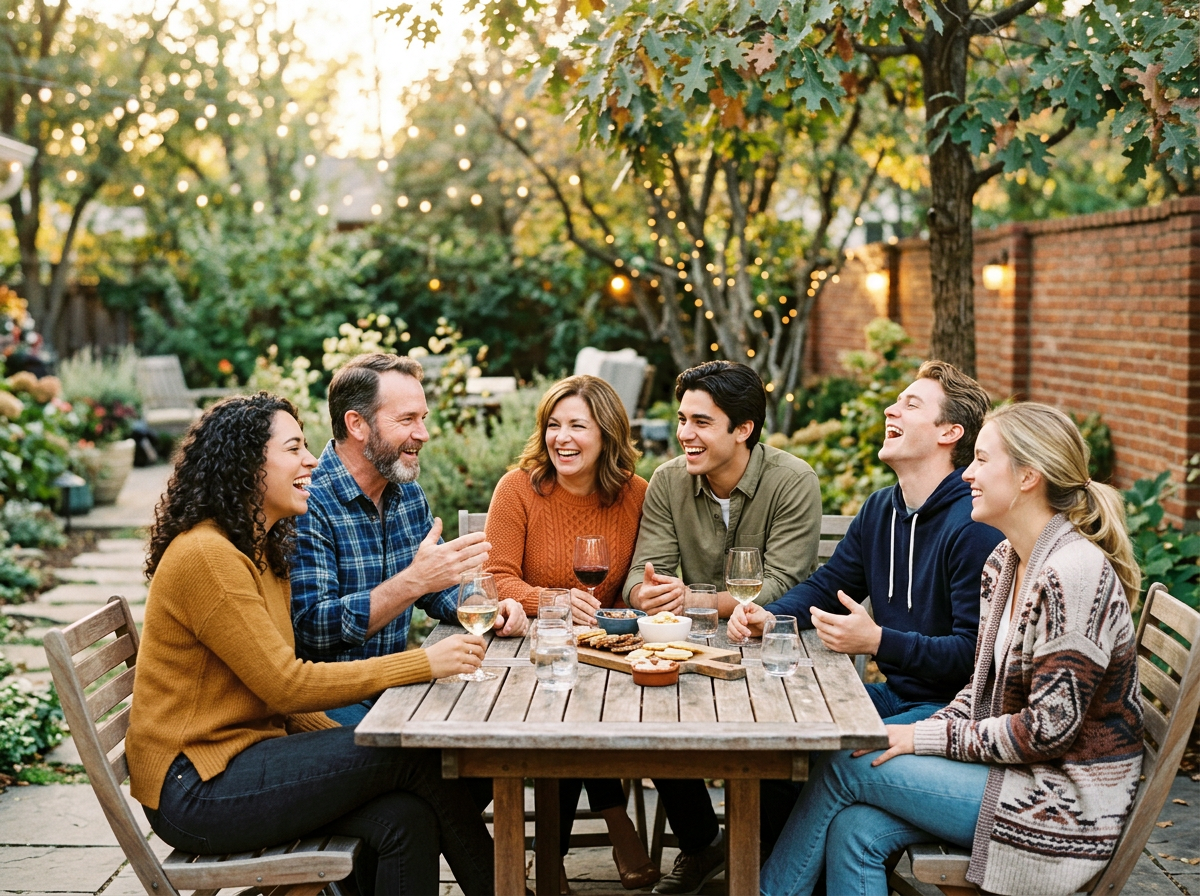 A group of friends or family members gathered together, engaged in genuine face-to-face conversation with warm laughter and eye contact, exemplifying authentic human connection without digital distractions