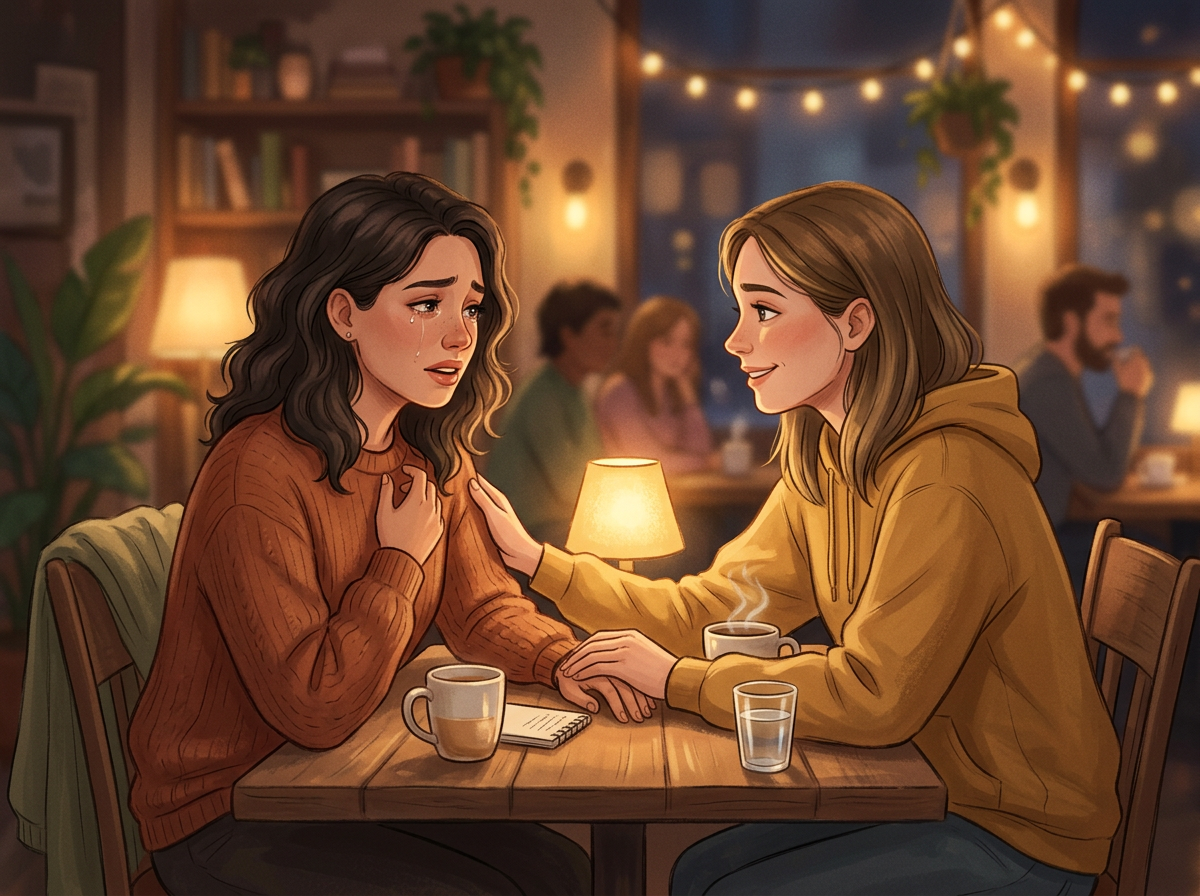 A person showing courage and vulnerability while sharing something personal, receiving supportive and understanding response from a friend
