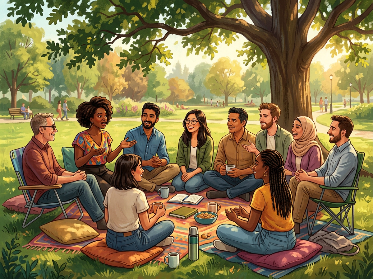 Diverse group of friends engaged in meaningful conversation together, showing active listening and genuine connection