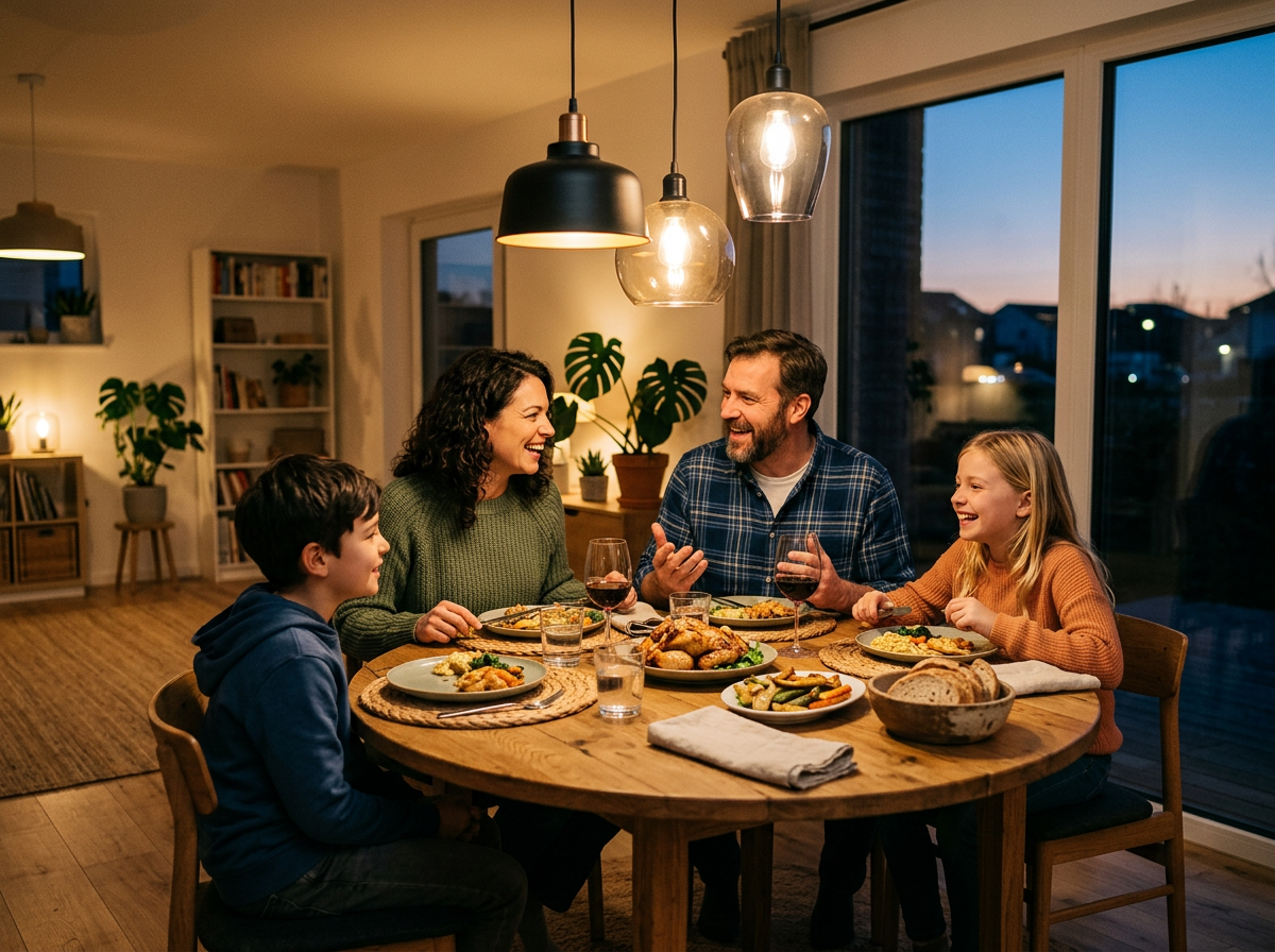 A family of four gathered around a warm, inviting dining table engaged in animated conversation during dinner, with soft golden lighting creating an intimate atmosphere