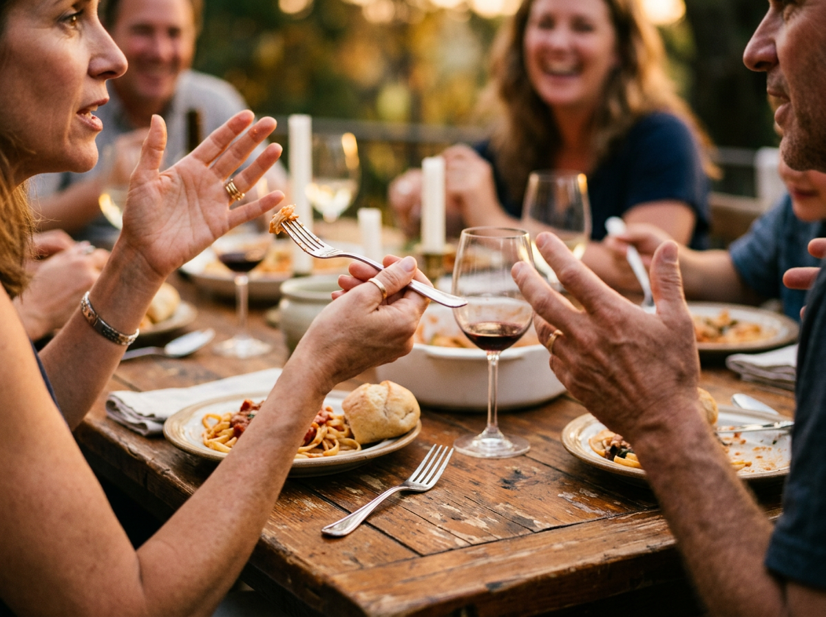 Close-up view of hands gesturing during a dinner conversation, with one hand holding a fork mid-air as someone speaks passionately, capturing the energy of engaging discussion