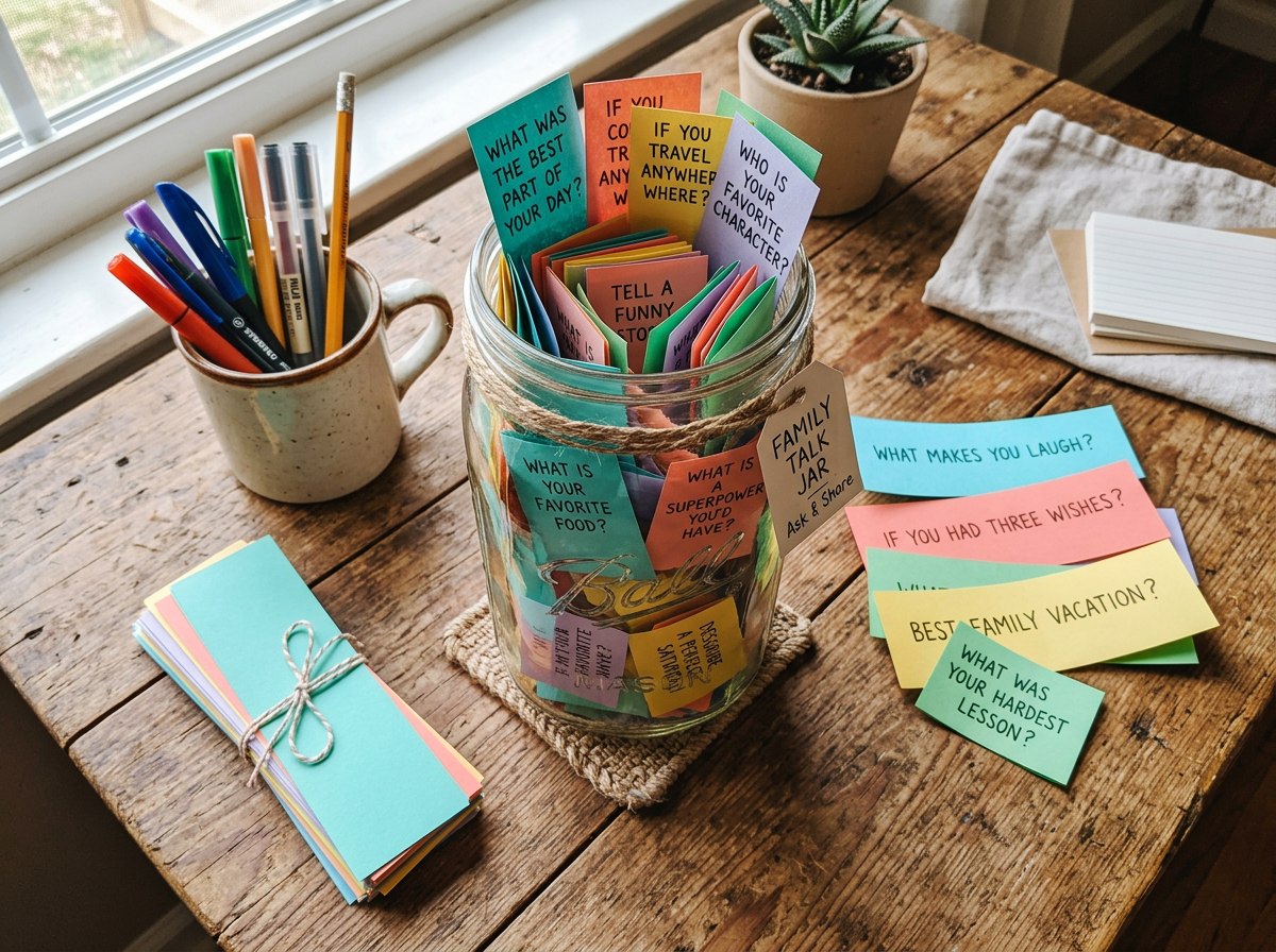 Colorful mason jar filled with folded paper slips containing conversation starter questions, surrounded by pens and additional blank strips on a rustic wooden table