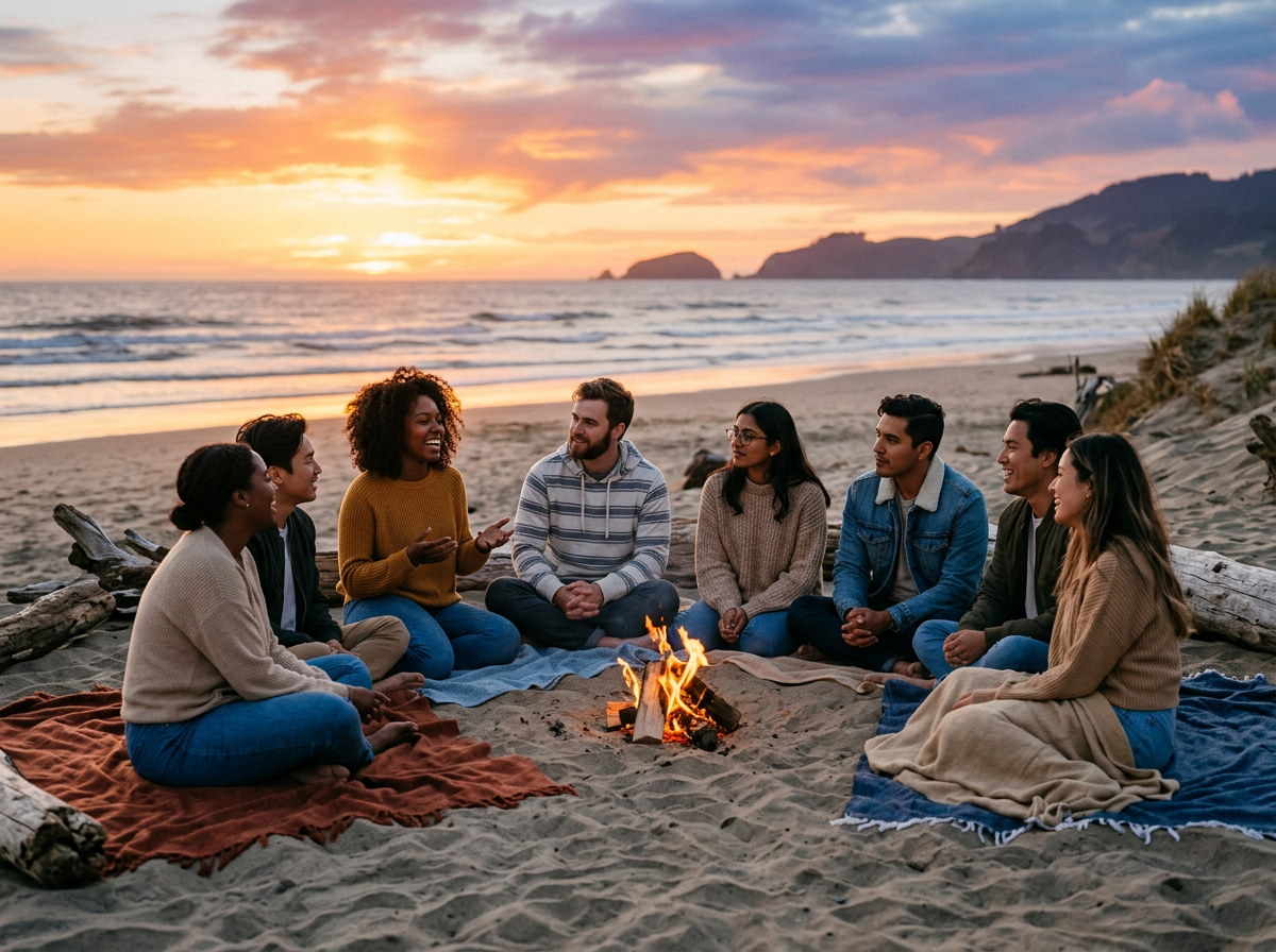 A diverse group of friends sitting in a circle at sunset on a grassy hill, engaged in meaningful conversation with golden hour lighting creating a warm, inviting atmosphere of trust and belonging.