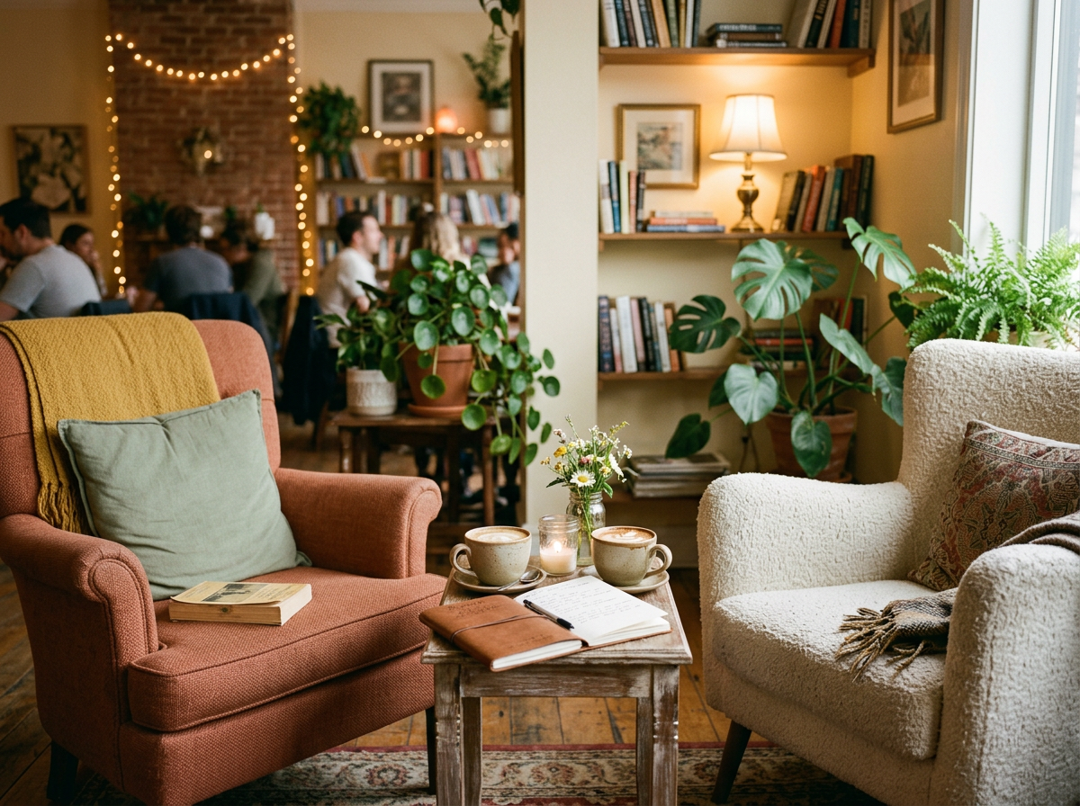 A peaceful, inviting conversation setting with two plush armchairs facing each other, warm ambient lighting from string lights, coffee cups on a small table, and plants creating an intimate space designed for deep talks.