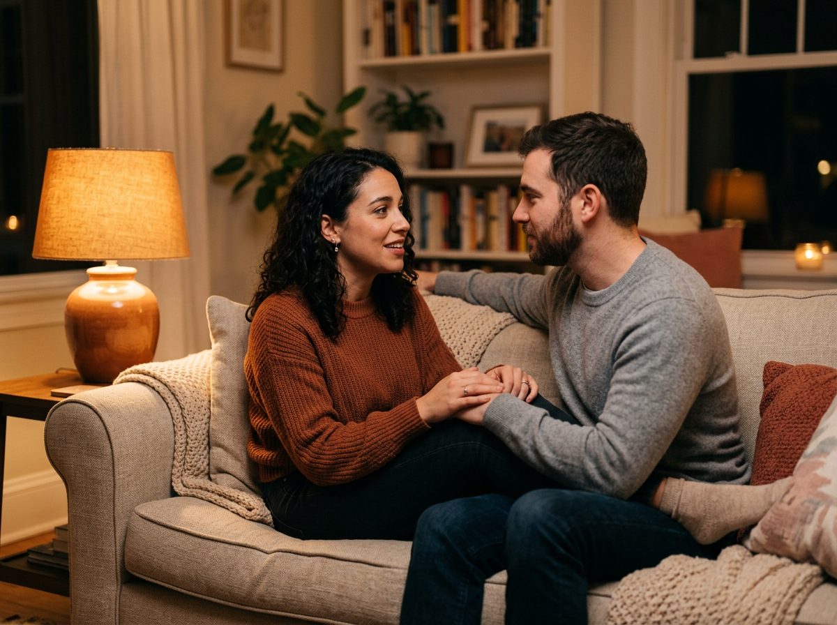 A couple having a deep conversation on a comfortable couch in the evening with soft ambient lighting, creating an intimate atmosphere of trust and vulnerability
