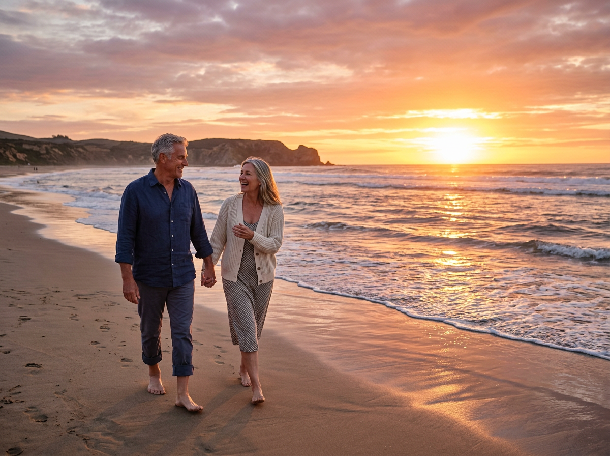 An established couple walking together along a peaceful beach at sunset, holding hands and talking, representing enduring love and deep partnership