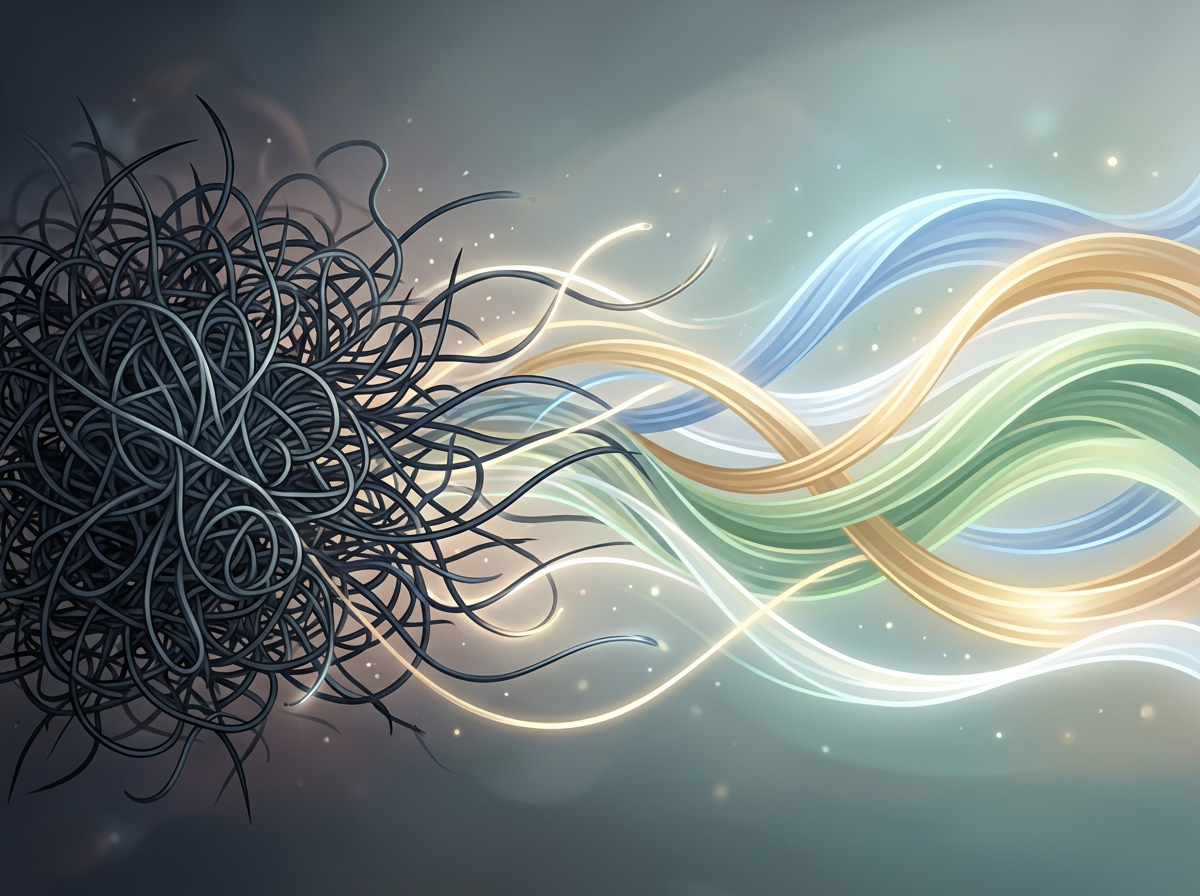 Conceptual illustration showing tangled dark threads transforming into smooth flowing ribbons of light, representing the journey from chaotic conflict to structured resolution