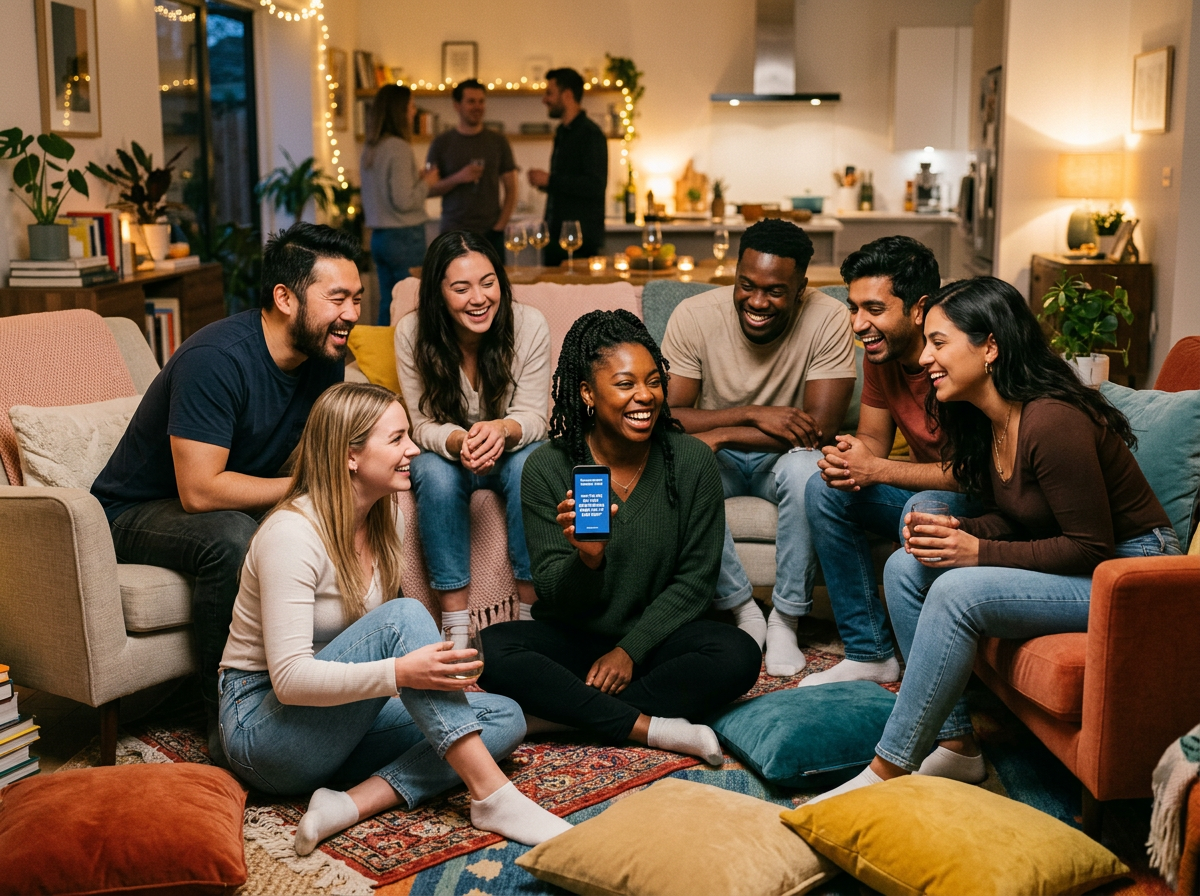 A diverse group of friends gathered at a house party, engaged in conversation prompted by a smartphone app, showing how digital conversation starters enhance social gatherings