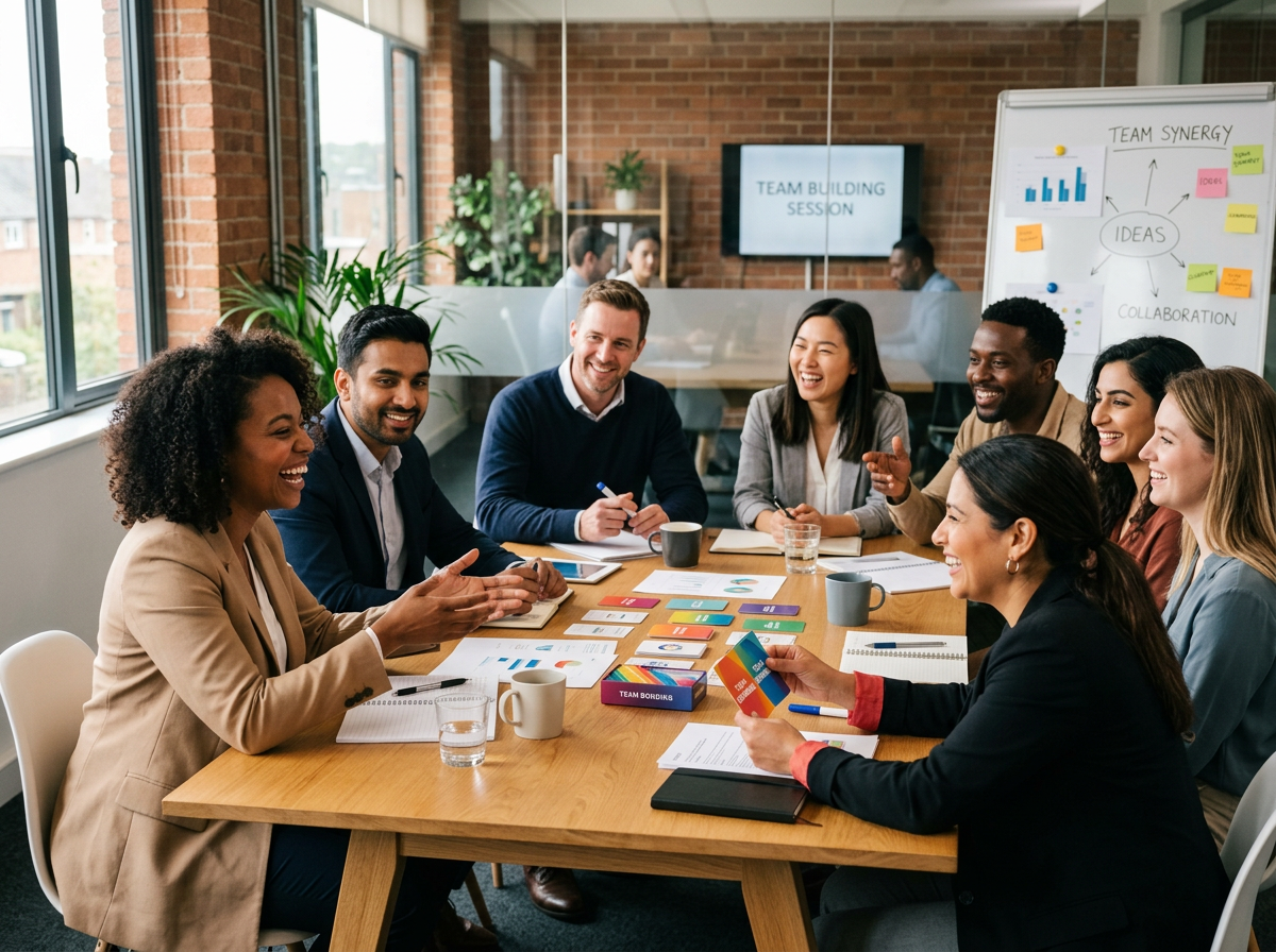 A diverse team of colleagues in a modern office engaged in animated conversation during a team building session, demonstrating workplace use of conversation starter tools