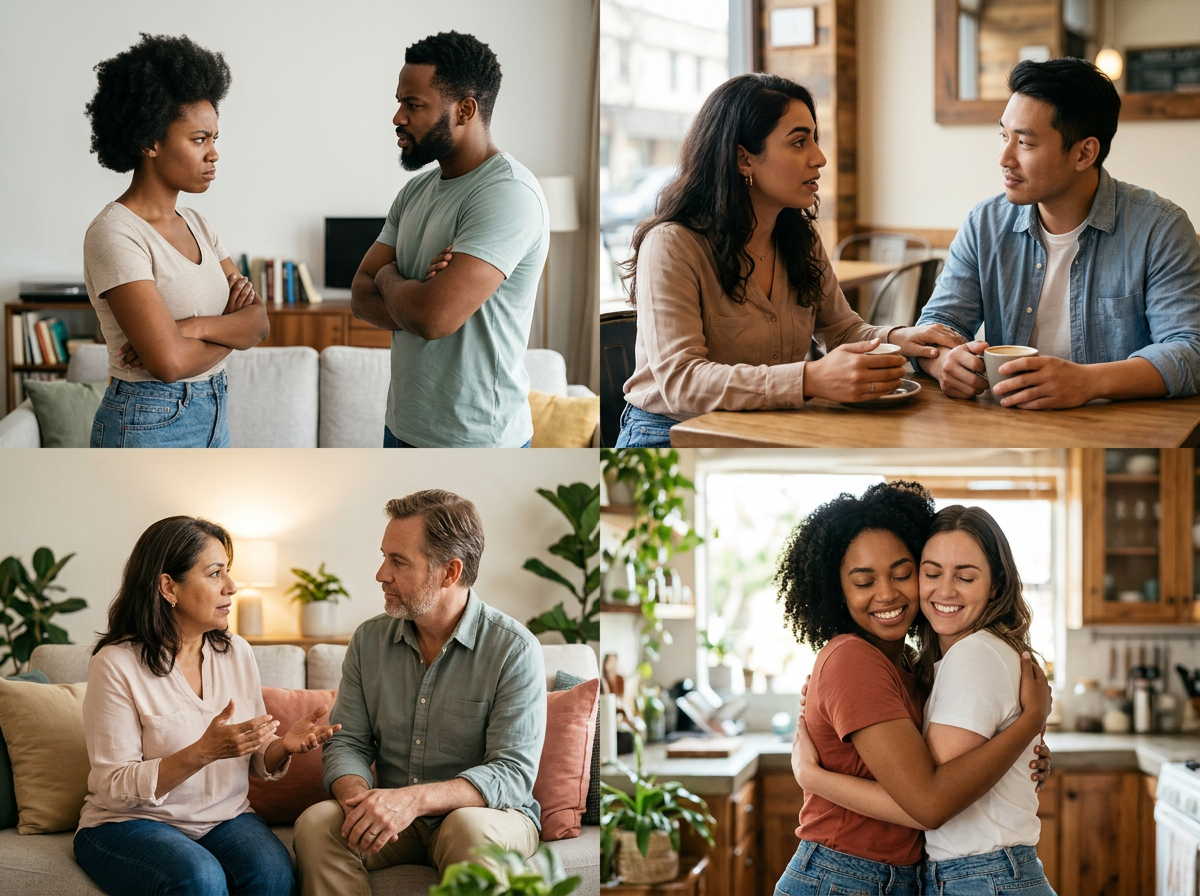 Four-panel illustration showing diverse couples progressing from conflict through active listening to resolution and connection