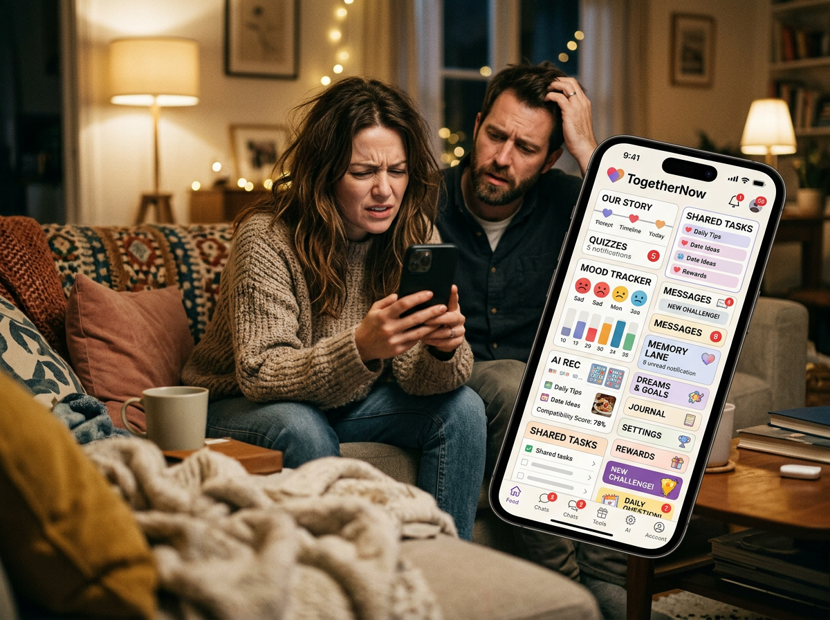 Frustrated couple on couch trying to navigate an overwhelming app interface cluttered with excessive features, icons, quizzes, and notifications