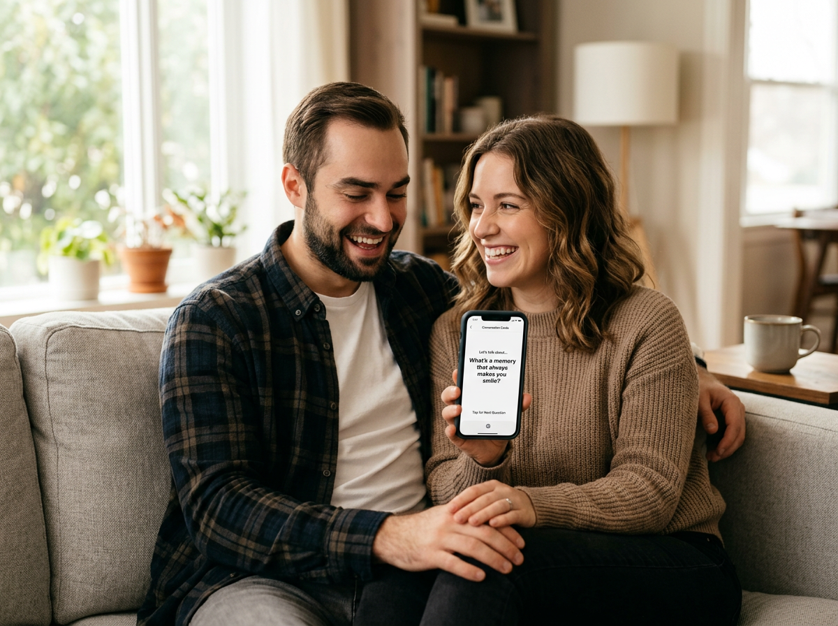 Happy couple smiling and laughing together while using a simple, clean conversation starter app on their smartphone in warm natural light