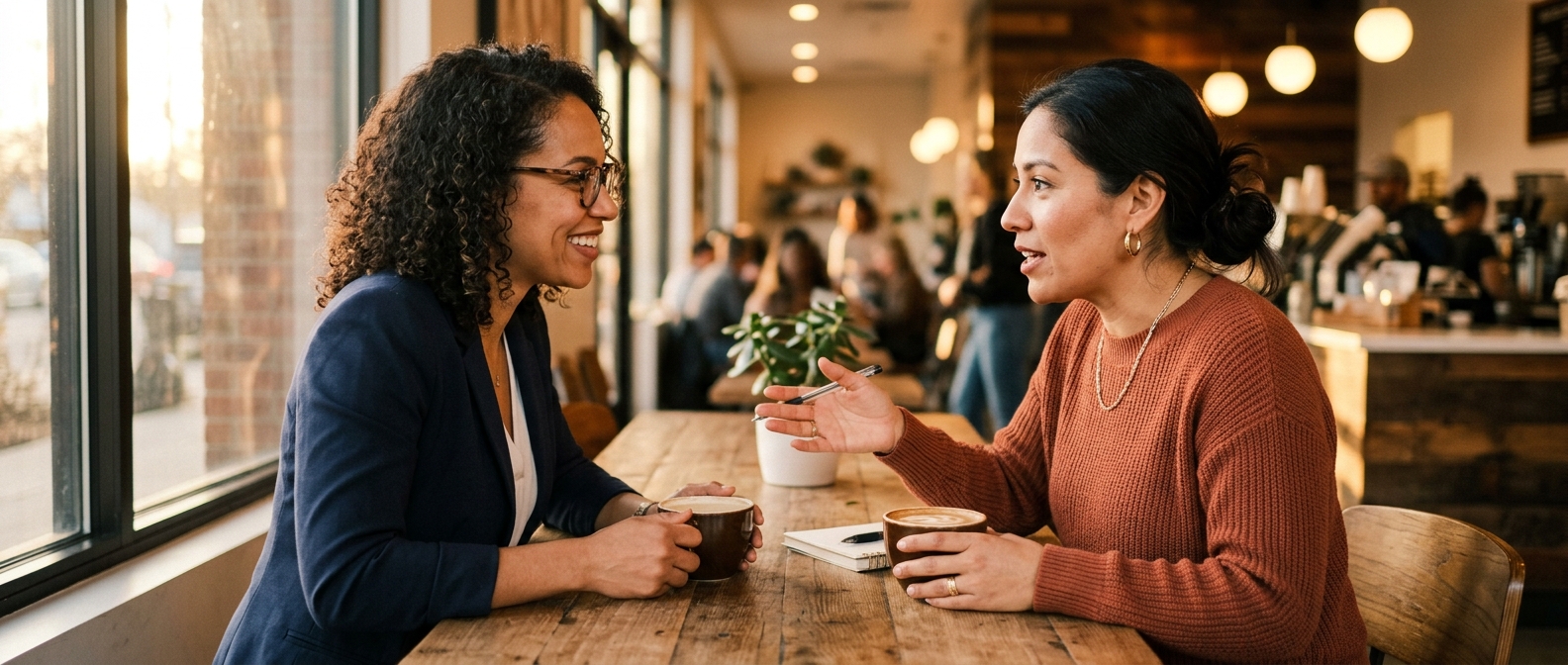 Two professionals having a deep, meaningful conversation over coffee in a modern cafe, showing genuine engagement and active listening