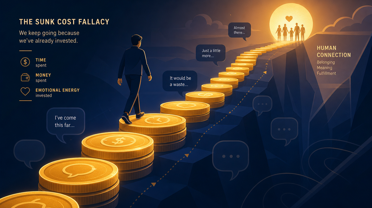 Abstract illustration of a person walking upward along a glowing path of stacked coins toward a bright warm light, representing the sunk cost effect and commitment psychology