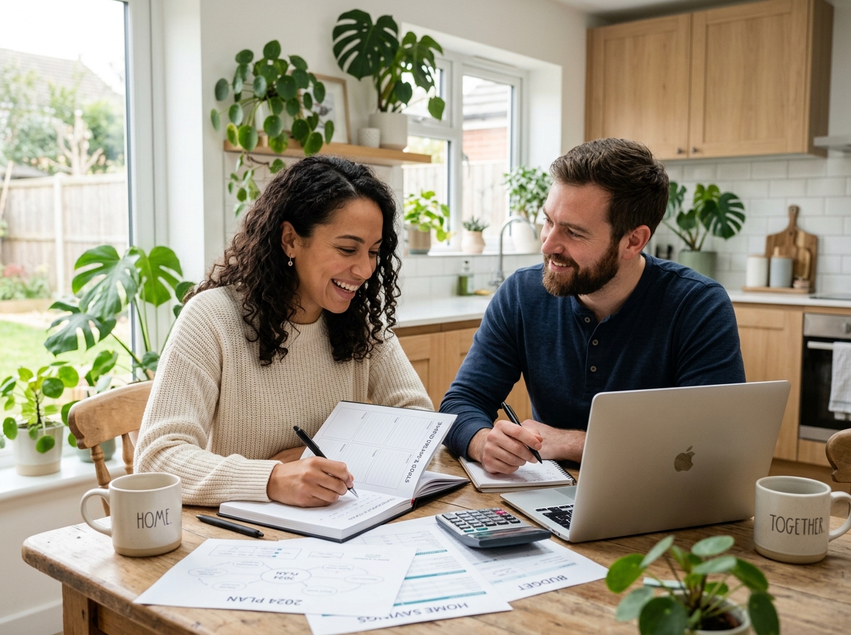 A modern young couple sitting at a kitchen table with notebooks and laptop, collaboratively planning their future together in a bright, hopeful setting