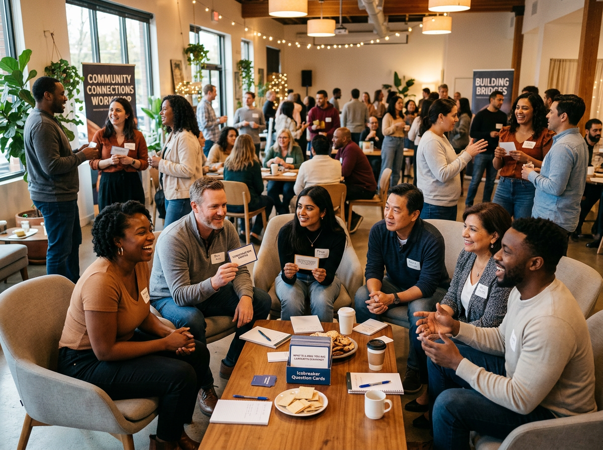 Diverse group of people in a modern social setting engaging in meaningful conversations, showing practical application of relationship-building questions in an inclusive workshop environment