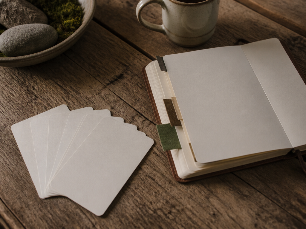 A collection of conversation question cards fanned out next to an open journal with bookmarked pages set aside for future reflection