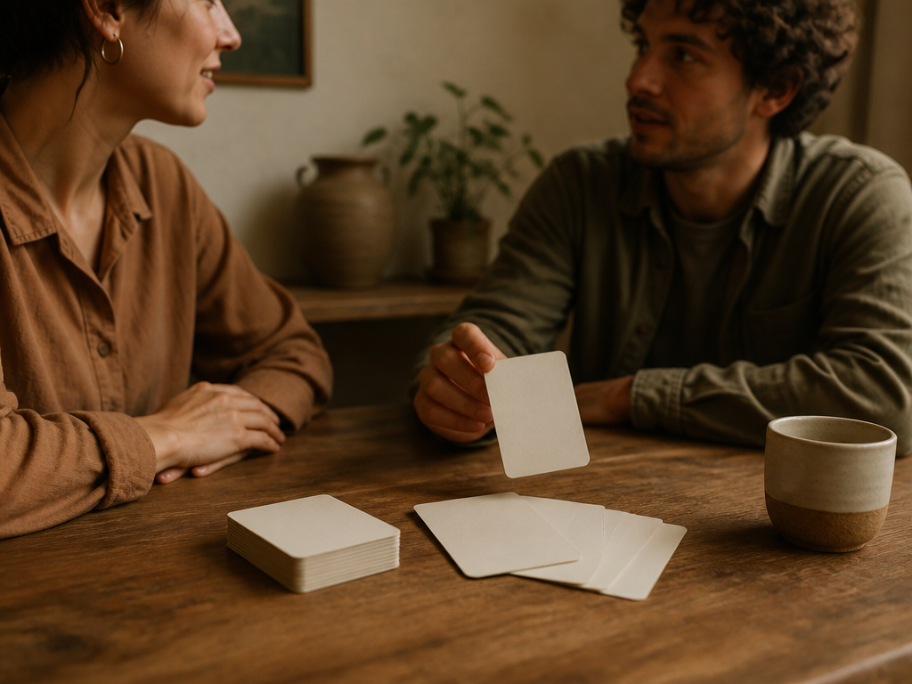 A physical conversation card deck with several cards fanned out across a wooden table, a coffee cup nearby, one card partially lifted as if just drawn