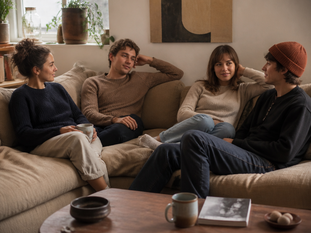 A group of friends lounging on a living room couch with drinks, caught in a quiet lull where nobody is mid-sentence and comfortable silence has settled in.