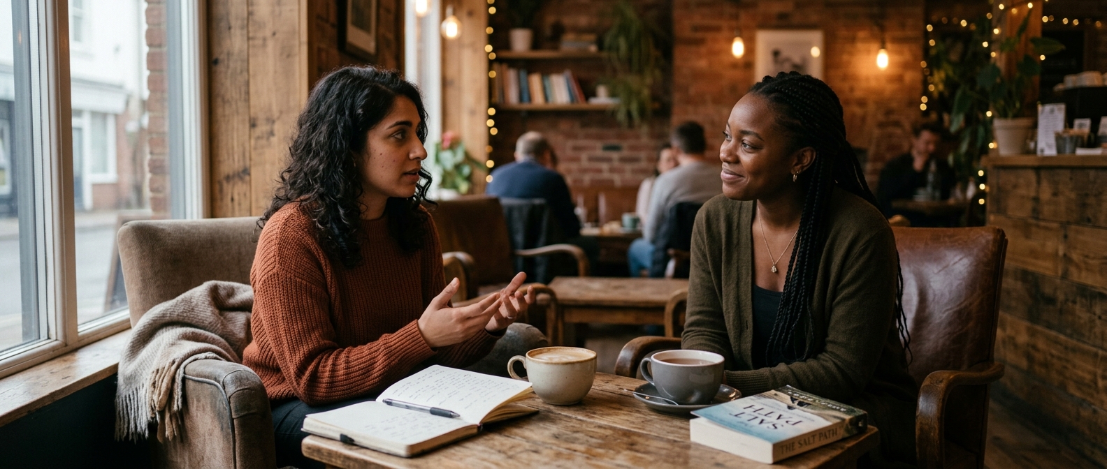Two people engaged in genuine deep conversation in a cozy coffee shop setting, with warm beverages and attentive body language, demonstrating authentic connection through thoughtful dialogue.