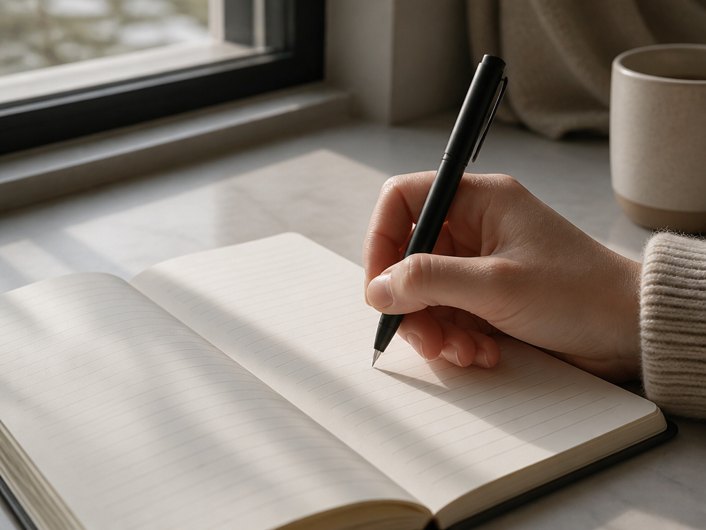 Close-up of a hand writing in a lined journal with a pen, soft natural light falling across the pages from a nearby window