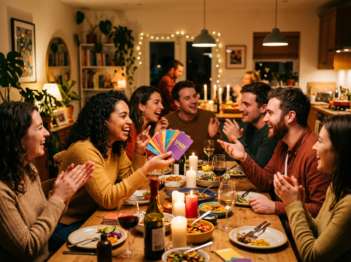 A vibrant dinner party scene where adults are engaged in animated, meaningful conversation. People are leaning forward, making eye contact, smiling and laughing while someone holds up colorful conversation cards.